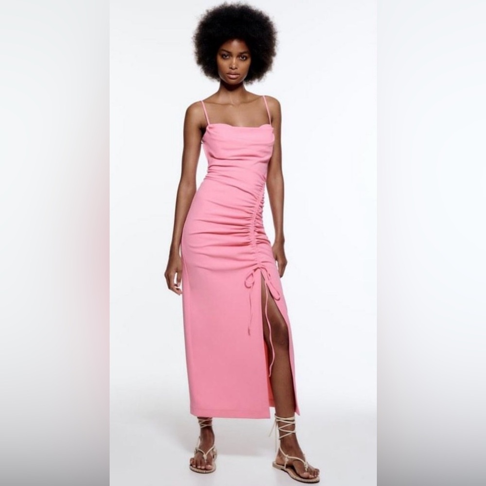 Zara Pink Ruched Side-Tie Maxi Dress